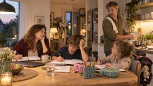 Erschöpfte Eltern mit zwei Kindern zwischen Hausaufgaben, Terminplanung und Abwasch im Familienalltag.
