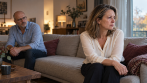 Traurige und wütende Frau wendet sich nach einer Affäre von ihrem Partner ab